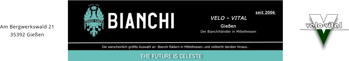THE FUTURE IS CELESTE Gießen Der Bianchihändler in Mittelhessen VELO - VITAL   Die warscheinlich größte Auswahl an  Bianchi Rädern in Mittelhessen..und vielleicht darüber hinaus..   seit 2006   Am Bergwerkswald 21 35392 Gießen